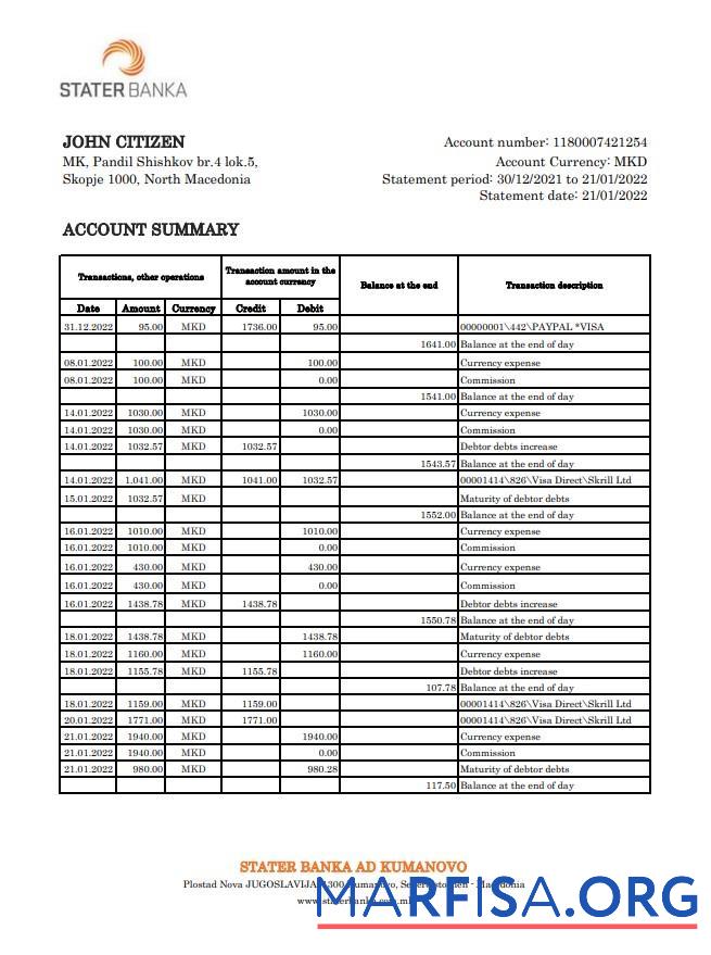Realistic North Macedonia Stater Banka bank statement excel example